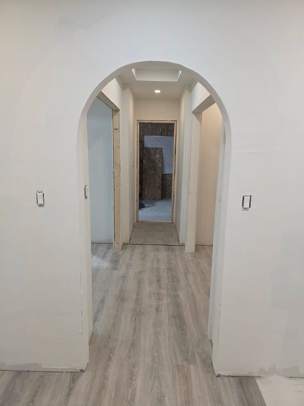 Arched hallway with wood-look flooring in the finished basement